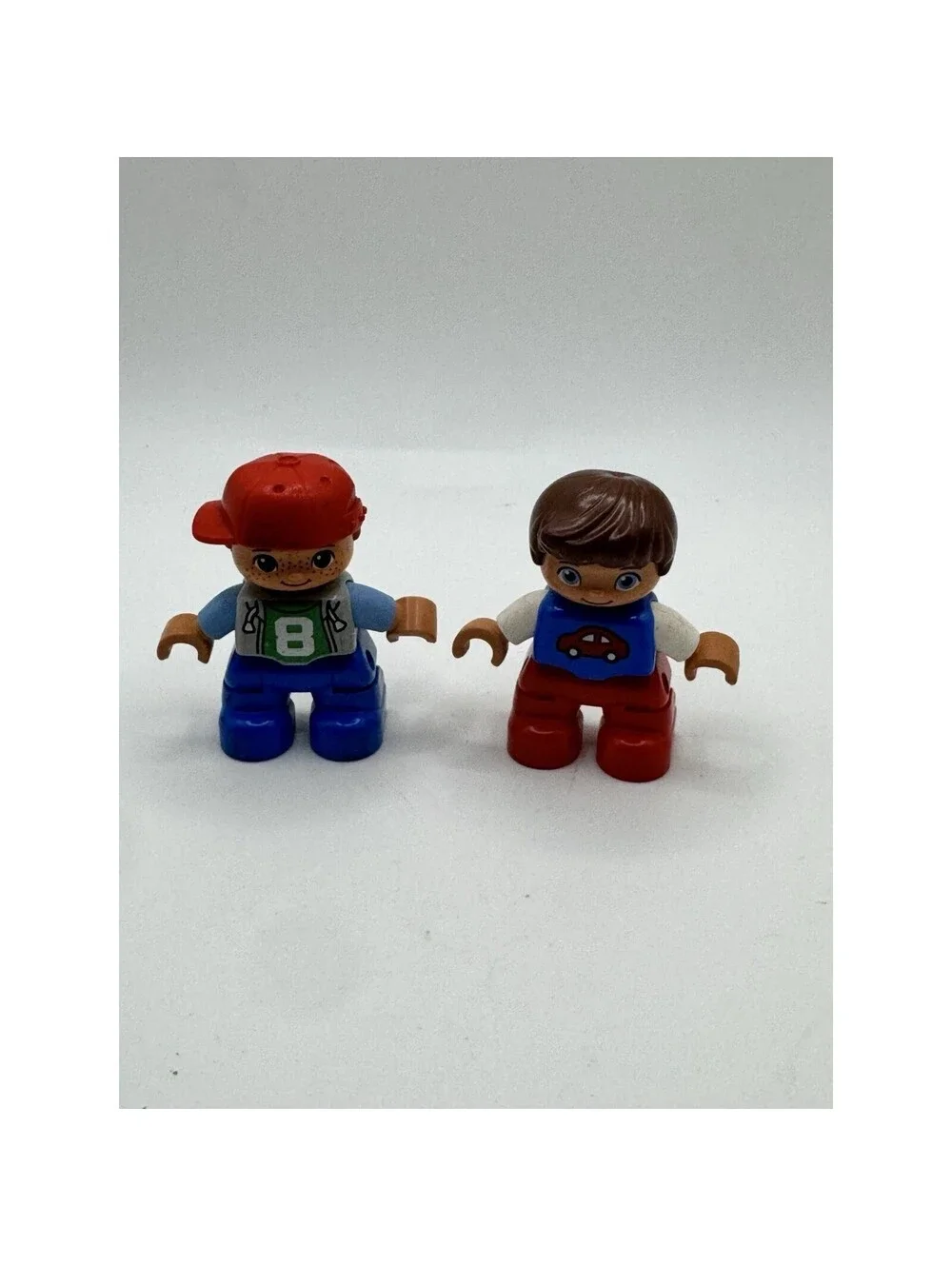 LEGO Duplo Boy Figures Lot of 2 Red Baseball Cap Car Shirt Number 8 Jersey